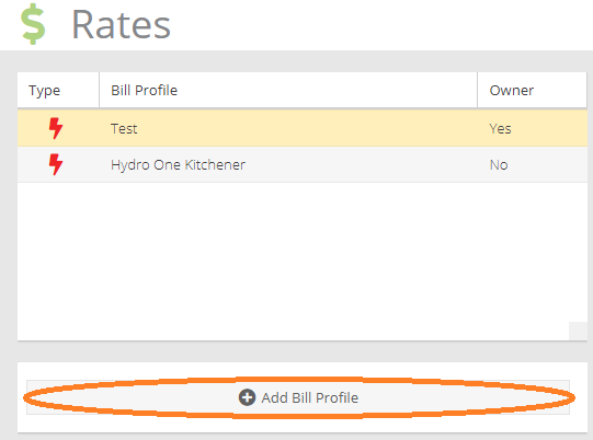 Bill Profile list with the Add Bill Profile button circled.